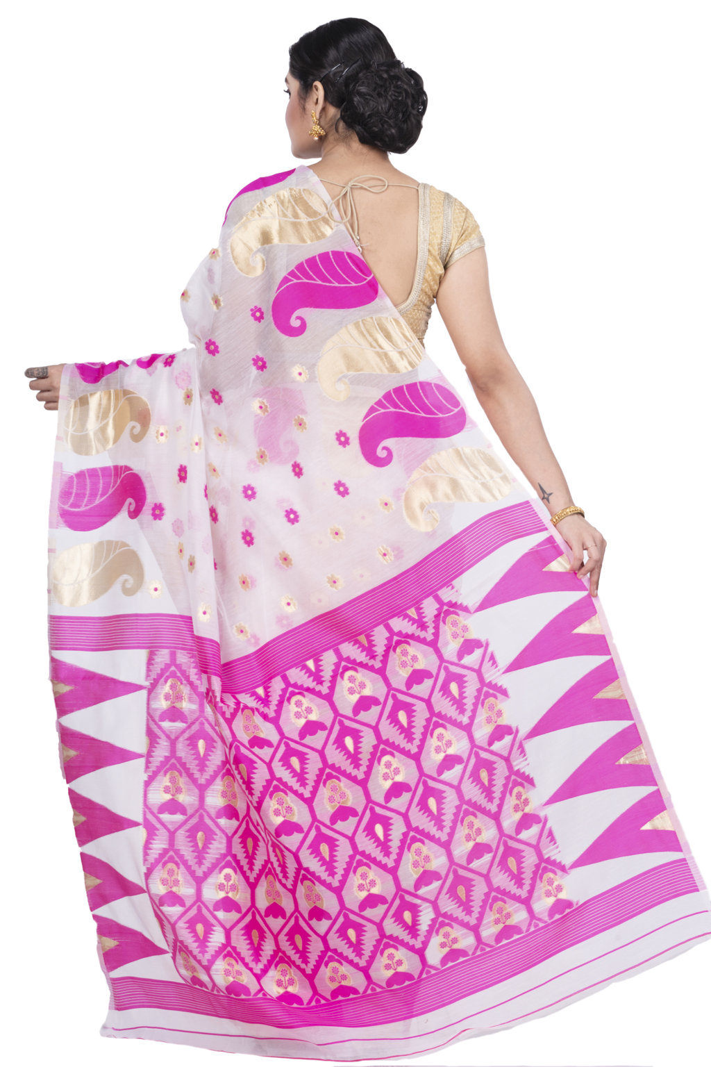 Pink Pure Cotton Amachal_Jmdni Jamdani Saree (677)